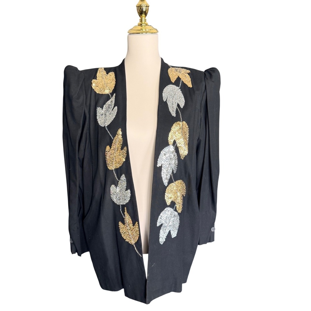 Vintage Mary Di Black Sequin Leaf‎ Puff Shoulder Blazer Jacket Large 80s Glam